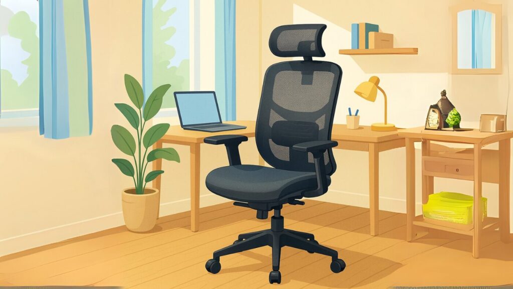 在宅ワークに最適なアーロンチェアと快適なホームオフィスのイラスト