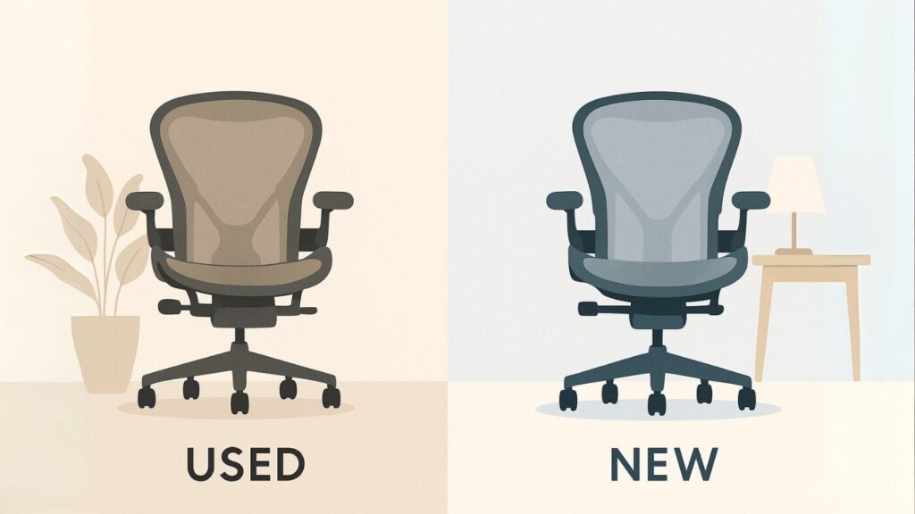 アーロンチェアの中古と正規新品を比較したイラスト（劣化した椅子と新品の対比）