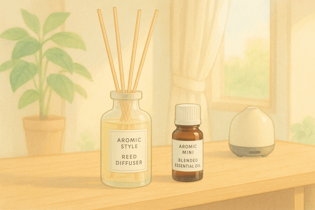 やわらかな朝の光が差し込むリビングで、木製の棚にリードディフューザーと精油が並び、自然な空気感を演出しているイラスト