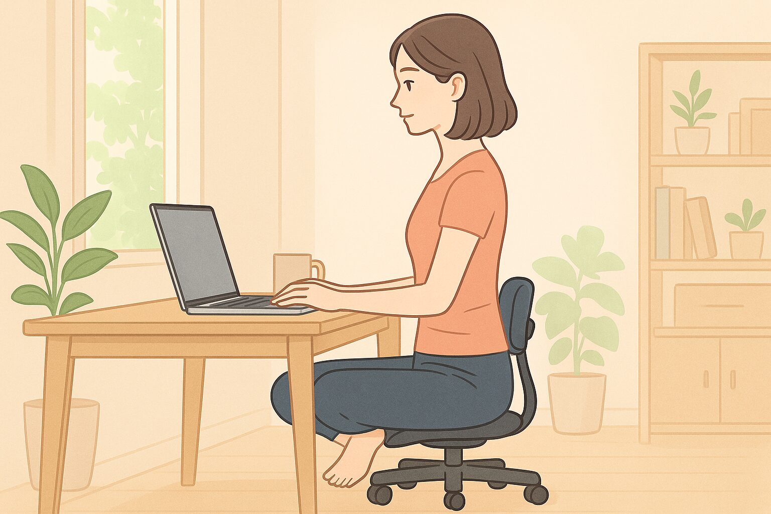 アーユルチェアー風の椅子で姿勢よく在宅ワークをする女性と適切な高さのデスクのイラスト