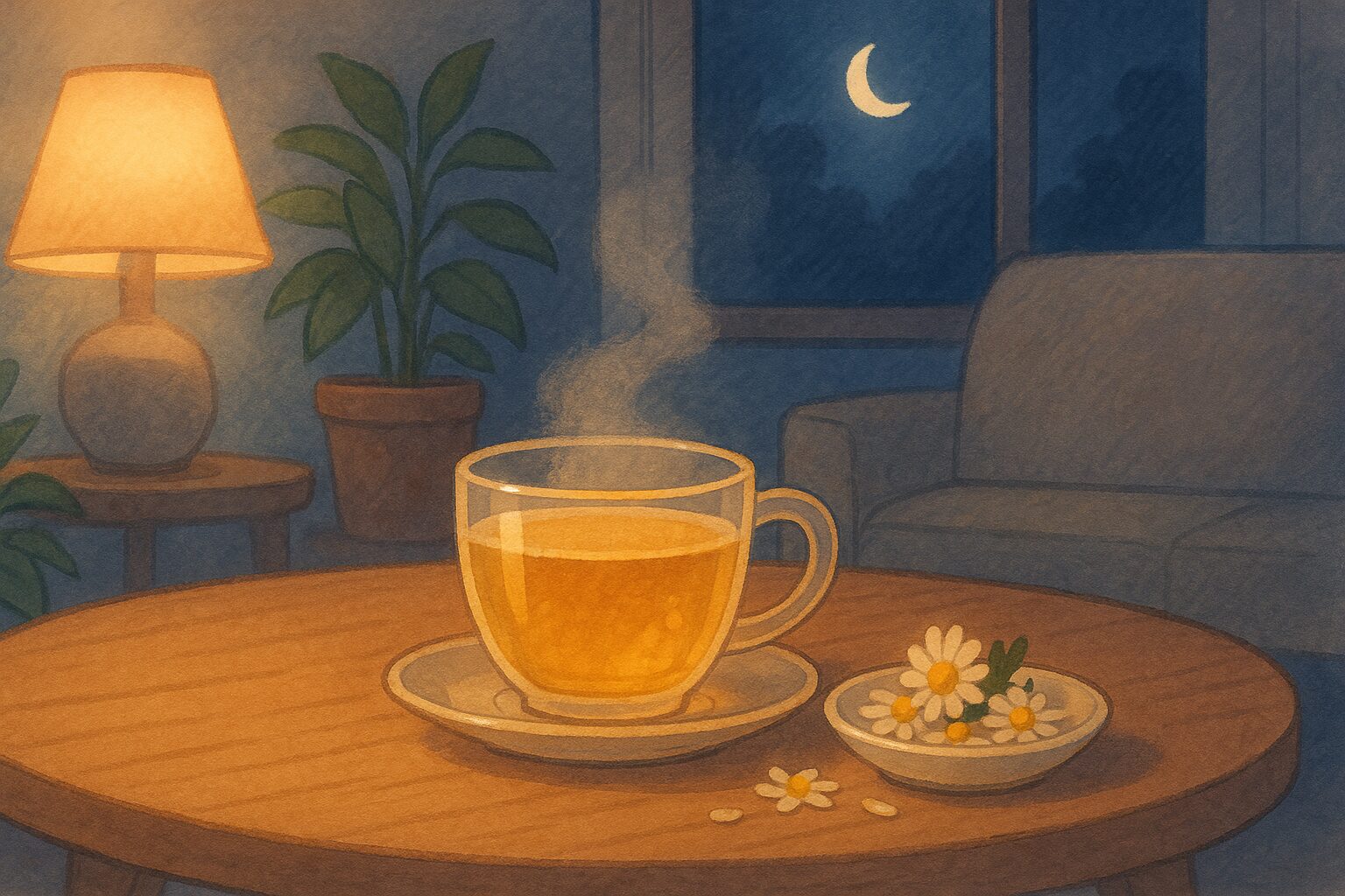 夜のリビングで湯気の立つカモミールティーと花びらの小皿