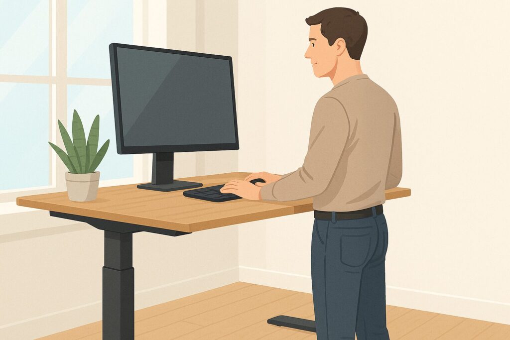 FlexiSpotスタンディングデスクで立ち作業をする男性のホームオフィスシーン