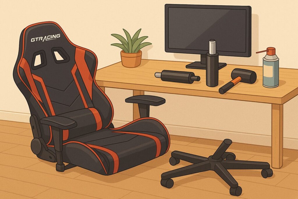 横倒しになった黒と赤のGTRacingゲーミングチェアと、机の上に並ぶ交換用ガスシリンダーや工具を描いたイラスト