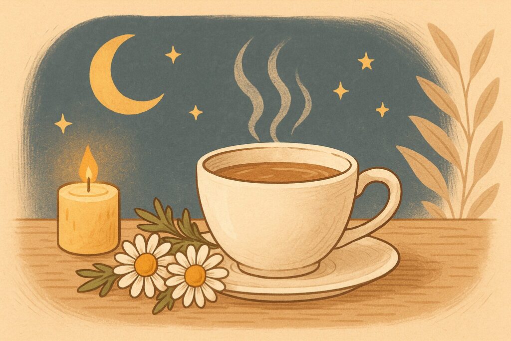 夜のリビングで温かいハーブティーとアロマキャンドル、が並ぶ癒しのテーブルシーン