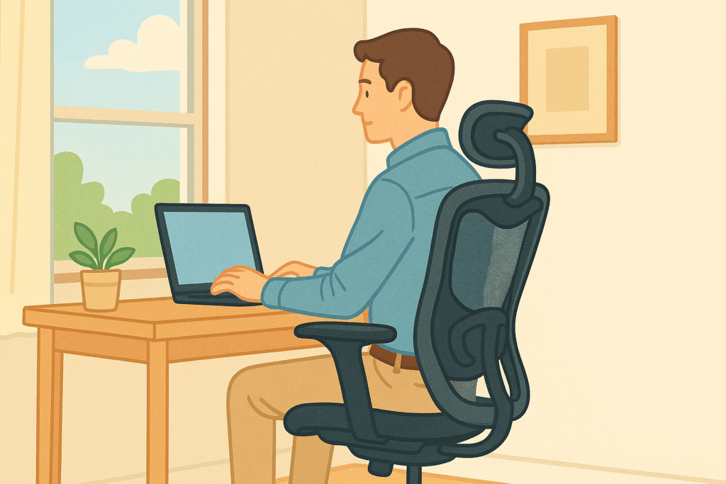 窓際の壁付けデスクで作業する男性の在宅ワーク風景（明るい自然光と黒のオフィスチェア）