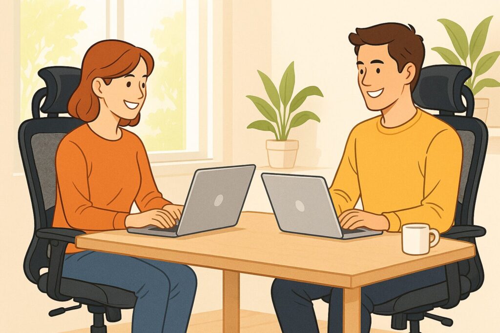 SIHOOオフィスチェアに座り、それぞれのノートパソコンで在宅ワークをする男女のイラスト